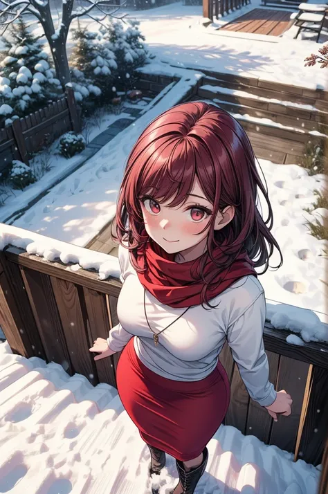 ((masterpiece, best quality:1.3, high detail)), beautiful woman, smile, looking at viewer, long hair, (maroon hair), solo focus, one person only, full-face blush, (white sweatshirt, red scarf, (long red maxi pencil ((skirt))), (((very long skirt))), boots,...