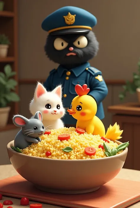 pilaf bowl ,  little,  cute mouse , small, yellow chicken, Cute, white kitten, small,  evil cop 