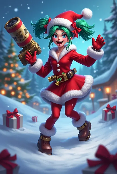 Give me an image of Jinx from Arcane with the Christmas skin 