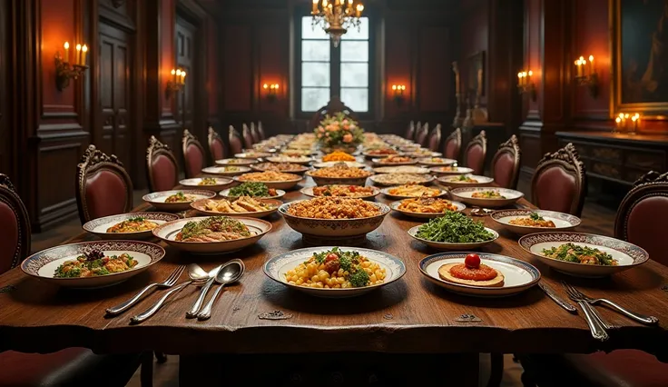  long oak table richly decorated with different dishes, ancient Russian style 