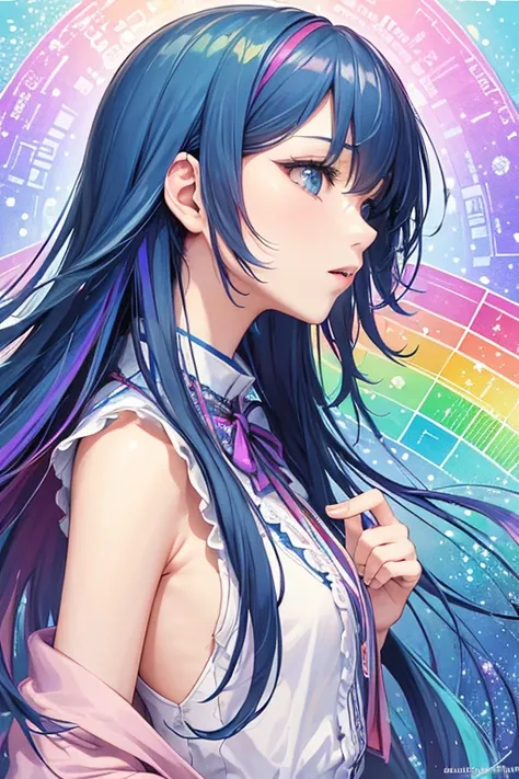 (masterpiece, top quality,  top quality ,watercolor ( above s), Official Art,  beautiful、And aesthetic :1.2),( One girl :1.3), ( fractal art :1.3), upper body, from side,  viewers,patterns,( rainbow-colored hair, colorful  hair,Half Blue、半分はピンクの髪:1.2),wate...