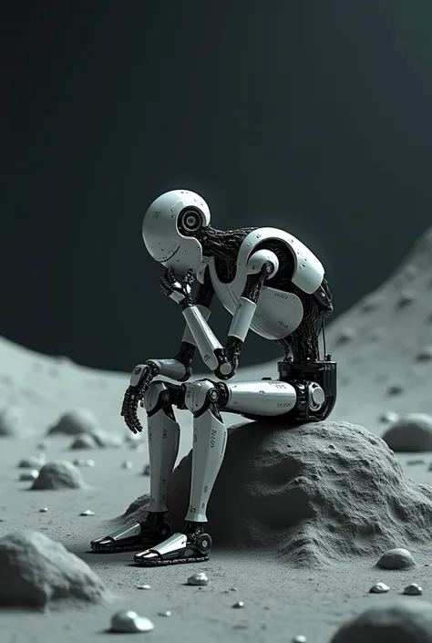  A sad and pensive robot sitting on a rock on the surface of the moon. Amatic lighting  