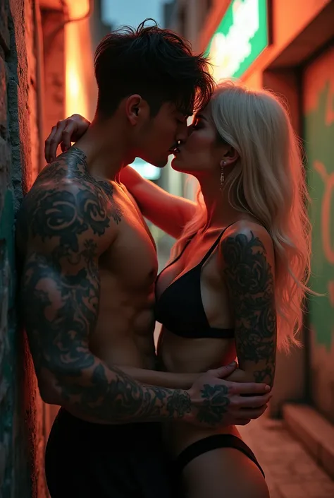 Create an Asian couple in a van passionate couple and kiss a Korean tattoo man with a blonde Korean woman in lingerie in the alleys of a favela a very sexual evening 