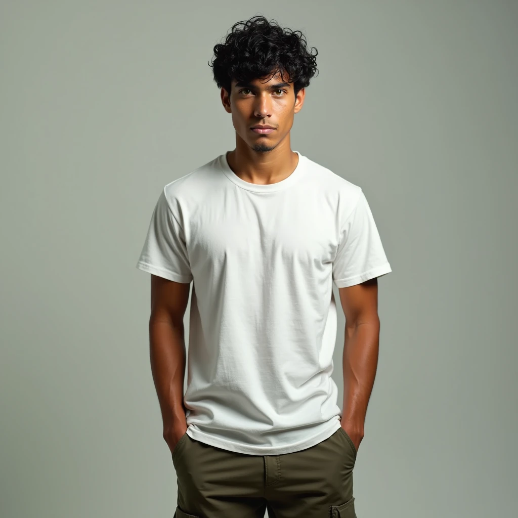 Create a 22-year-old indigenous man with a serious expression , with big and penetrating green eyes , black hair,  wearing a white t-shirt , standing ,  with your hands in the pockets of adventure shorts 
