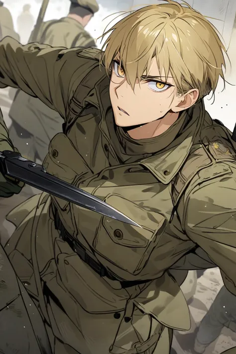 blond hairs, man, short hair, golden eyes, military, army outfit, military knife, soldier, 
