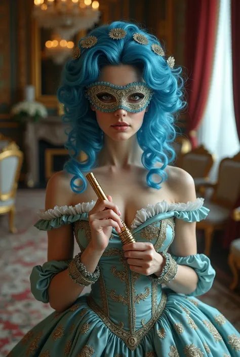 Victorian woman with blue curly hair and a ballroom mask smoking a golden pipe