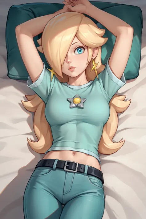 score_9, score_8_up, score_7_up, source_anime, rosalina, blonde hair, blue eyes, hair over one eye, long hair, star earrings, solo, cowboy shot, black t-shirt, taut clothes, tight shirt, midriff, navel, jeans, black belt, laying, arms up