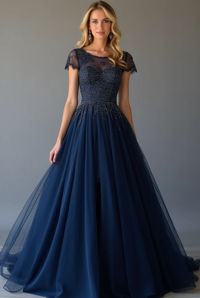 The dress for my eighteenth . Then the color must be dark blue and it must be a long princess dress,  and in the upper part of the bust it must have details such as lace, transparency and the sleeves must be short but dropped on the shoulders,  in the lowe...