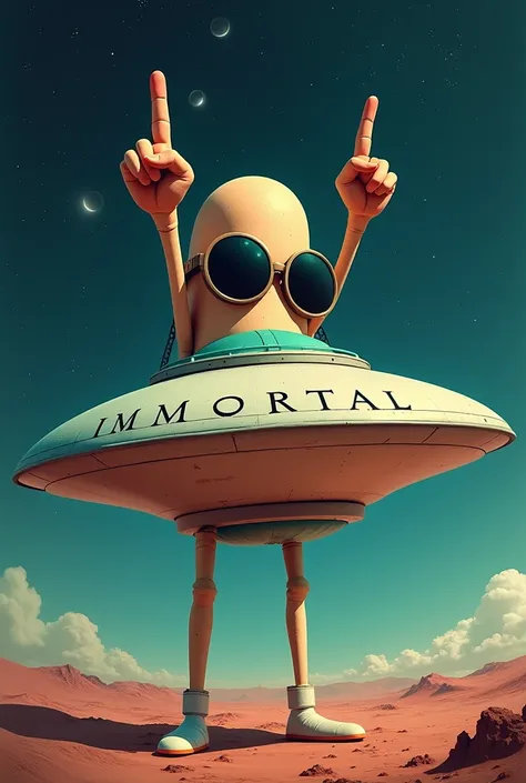  A UFO with Gucci glasses and with its middle fingers standing, On the back of the UFO say Immortal  