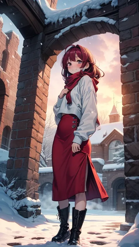 ((masterpiece, best quality:1.3, high detail)), beautiful woman, smile, looking up at viewer, long hair, (maroon hair), solo focus, one person only, full-face blush, (white sweatshirt, red scarf, (long red maxi pencil ((skirt))), (((very long skirt))), boo...