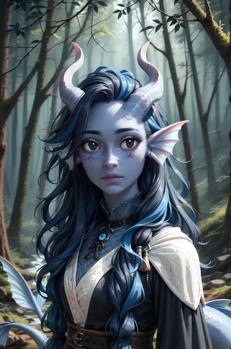 ( sprawling cedar , Cedar forest), (1Тiefling ,  dark blue-gray skin :1.5), ( very thick long tiefling dragon tail :1.5), ( long black flowing hair with dark blue highlights:1.4), ( the bright blue-black pigmentation on the face :1.5), (blue-black freckles...