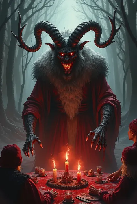 Krampus, with a bloody background ,  Christmas clothes and subjects surrounding a satanic ritual