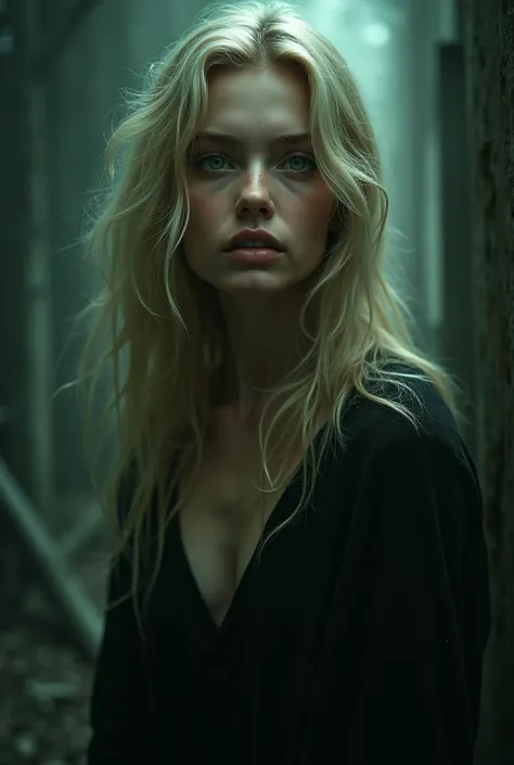 A blond woman, mysterious place,  mysterious look , Half light half shade,  green eyes, thoughtful look. 