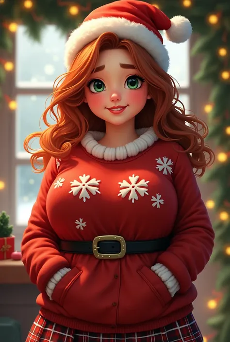 chubby woman,  green eyes, wavy hair, with Christmas clothes 