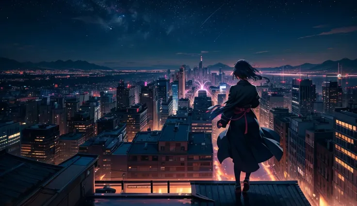 arafed woman standing on a rooftop looking at the night sky, anime girl walking on water, ultra hd anime wallpaper, beautiful anime scene, hd anime cityscape, amazing wallpaper, anime movie background, anime girl desktop background, in front of a sci fi ci...