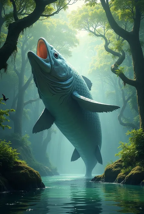 Make a giant fish swimming in a river