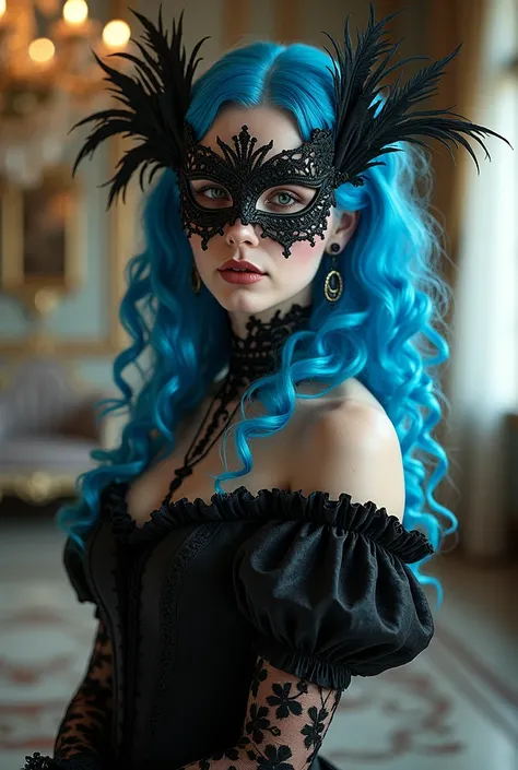 Victorian woman with blue curly hair, a ballroom mask and a black and white dress