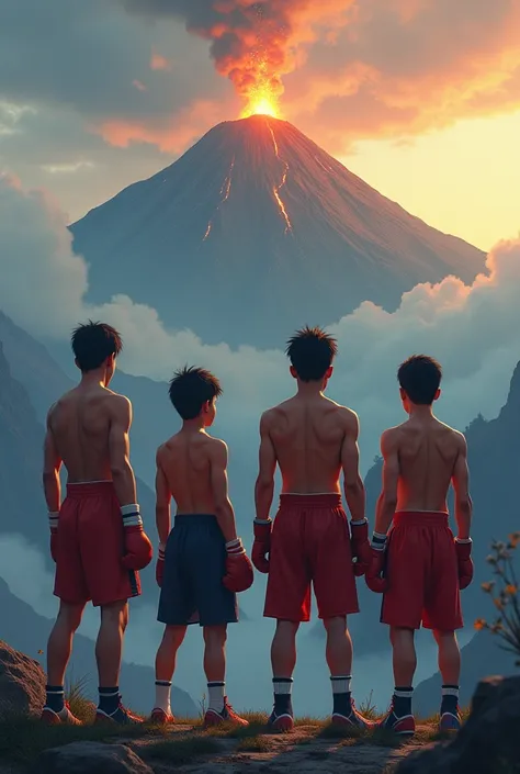 Four young amateur boxers standing looking at a volcano 