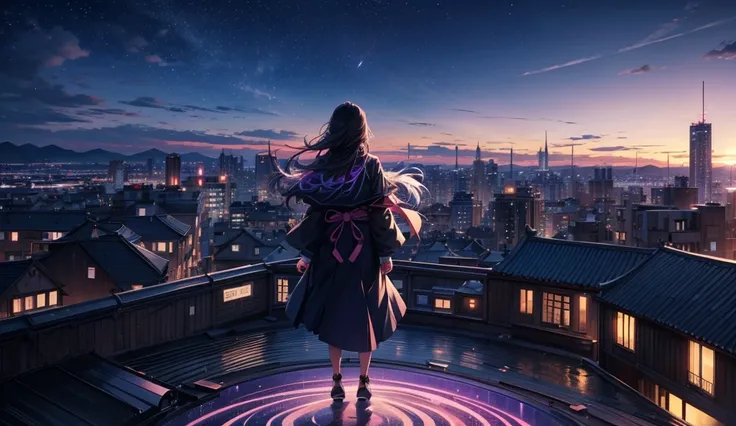 arafed woman standing on a rooftop looking at the night sky, digital art by Yuumei, tumblr, digital art, anime girl walking on water, ultra hd anime wallpaper, beautiful anime scene, hd anime cityscape, amazing wallpaper, anime movie background, anime girl...