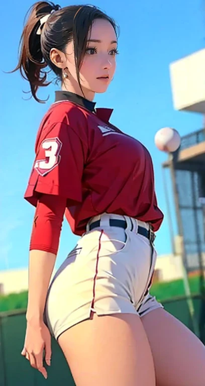    A woman in a baseball uniform is throwing a ball at the baseball field,  Beautiful Southern Japanese Women ,      Japanese Girl  ,    beautiful young Japanese woman   ,    charming pose  ,  Gorgeous   Japanese Models,    low angle  , Female baseball pla...