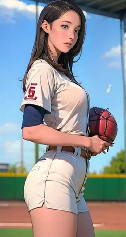    A woman in a baseball uniform is throwing a ball at the baseball field,  Beautiful Southern Japanese Women ,      Japanese Girl  ,    beautiful young Japanese woman   ,    charming pose  ,  Gorgeous   Japanese Models,    low angle  , Female baseball pla...