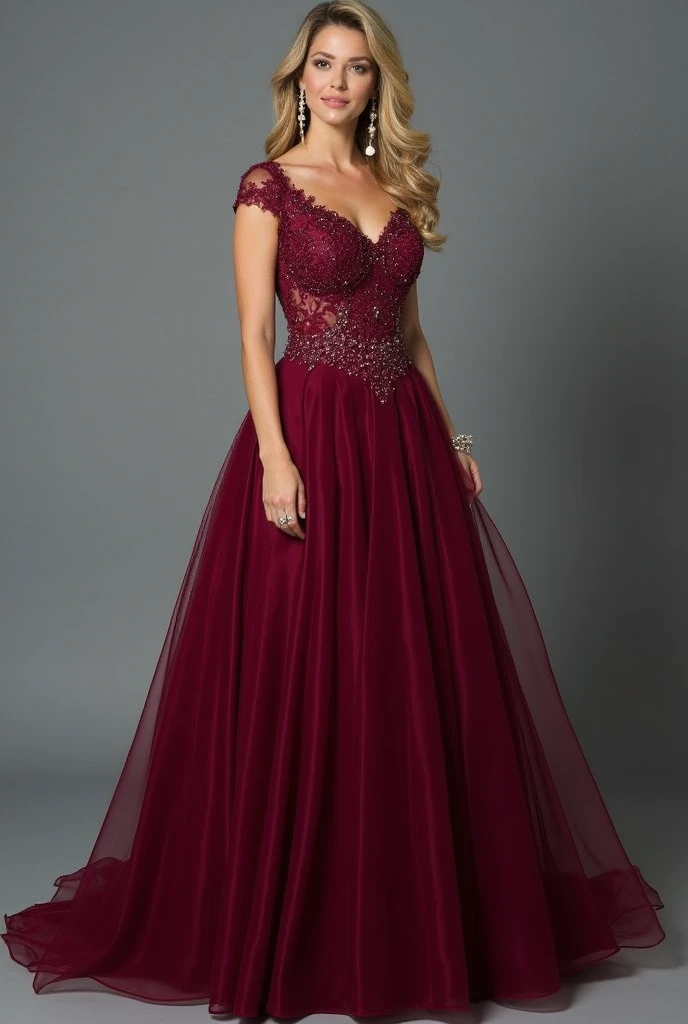 The dress for my eighteenth .  Then the color must be burgundy and must be a long princess dress ,  and in the upper part of the bust it must have details such as lace, transparency and the sleeves must be short but dropped on the shoulders,  in the lower ...