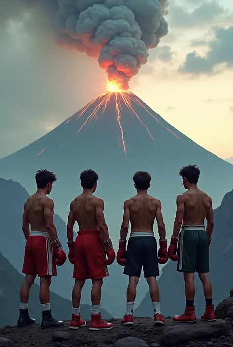 Four young amateur boxers standing looking at a volcano 