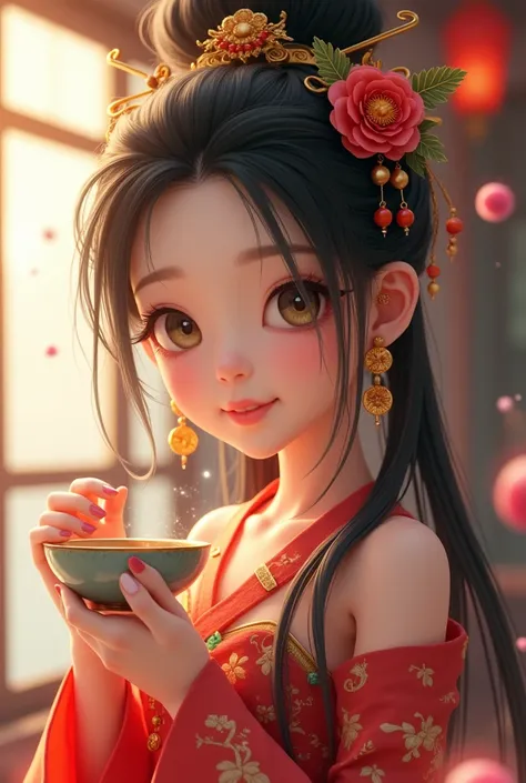  Oriental Girl （（Phoenix eyes ）） Beautiful Golden Flower Baobao Phoenix Crown ， wearing Yunsha multicolored shoulder ， With Fern on Forehead ，（（Fengguanxiapei））In ancient room  ， eating small bowl Small soup round and white Komaruki Snow outside the window...