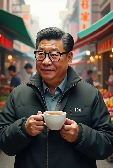 xi jinping wears thick black square frame glasses. is holding a cup of hot coffee. in a cheap coffee shop that says "Hendras Coffee Shop". in a busy market in the morning.