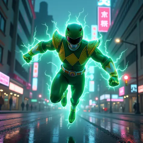 Green Power Ranger flying in the city in the rain, surrounded by energy ,  neon lights blue and magenta , Realistic visual effects, cool and complex ,  looks real and perfect , UHD 64K. Fight