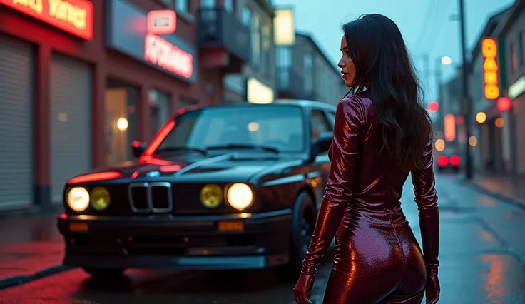 realistic photo , 2 fetish woman standing , wearing shinny pvc jumpsuit , shinny pvc jacket , wearing shinny pvc thigh high boots , shinny pvc long gloves , in cyberpunk street at dusk with bmw m3 e30