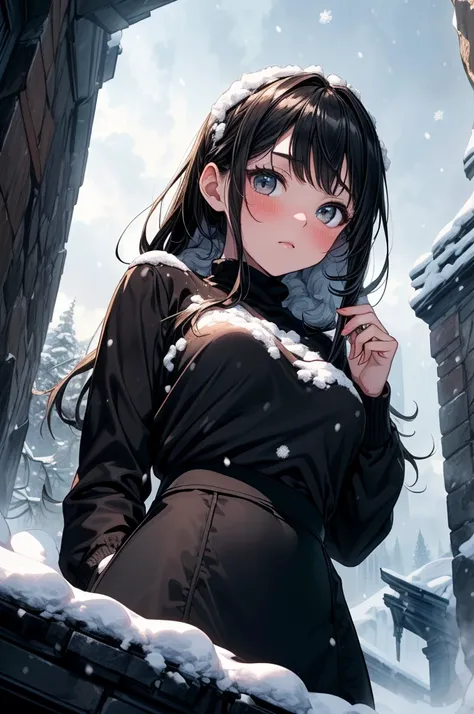 ((masterpiece, best quality:1.3, high detail)), beautiful woman, looking up at viewer, long hair, (black hair), solo focus, one person only, full-face blush, (black sweatshirt, (long black pencil ((skirt))), (((very long skirt))), boots, (cloudy sky, snow,...