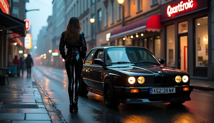 realistic photo , 2 fetish woman standing , wearing shinny pvc jumpsuit , shinny pvc jacket , wearing shinny pvc thigh high boots , shinny pvc long gloves , in cyberpunk street at dusk with bmw m3 e30