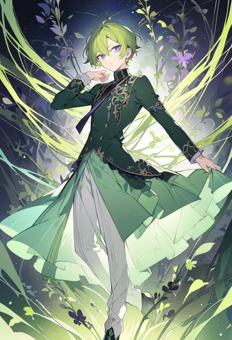 dark green yellow hair， Purple Eyes，whole body，male，Dress，Side Bangs