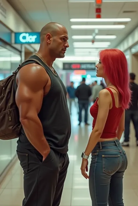 , A slightly fat and strong brown man looks like the rock actor with barely shaved hair, A man who looks like actor John Cena and Ralf from The King of Fighters with red red hair a skinny blonde girl with big hair at the mall talking in casual clothes