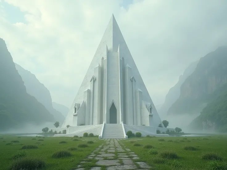 (((fantasy theme))), white colossal temple of resurrection, pyramidal roof, fantasy structure, in the middle of a green meadow and beside a large lake, wide view, aesthetic, surreal, dust, sharp focus, masterpiece, best quality, 8k