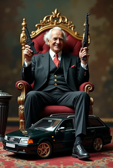  Dr Albert Hofmann sitting on a throne ,  he looks very sublime and has a machine gun in his left hand and a test tube with LSD in his right hand.  There is a black Audi RS 4 Avant in front of him  ( Model year 2006 , Generation B7 ) in black in miniature ...