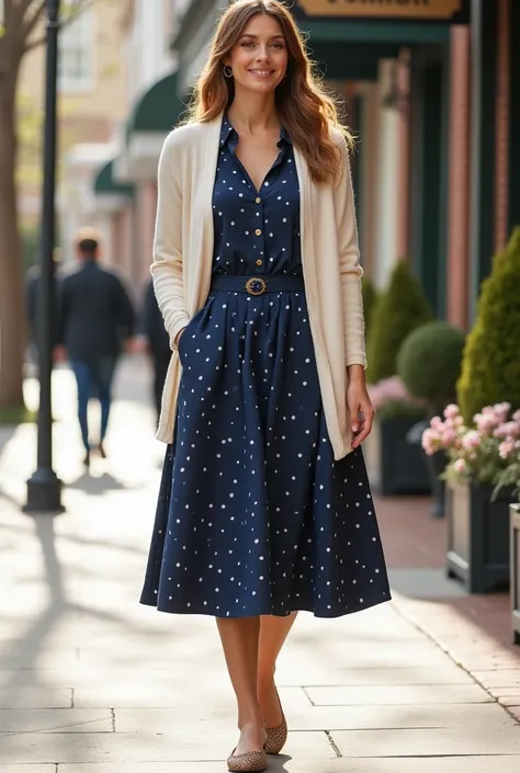 Navy blue A-line dress with subtle white polka dots, paired with a cream-colored cardigan and matching low-heeled shoes.