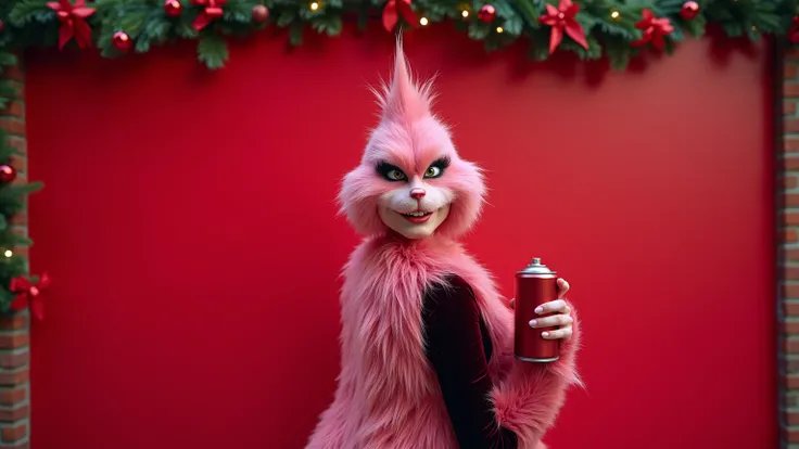 A feminine pink Grinch, covered in luxurious rose-colored fur, stands with her body positioned away from the camera, facing a large red brick wall head-on. Shes dressed elegantly in sophisticated attire that complements her pink fur - perhaps a fashionable...