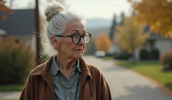 Beautiful sex  old teacher teaching; glasses; hair tied up; big breasts (((white-haired, large-breasted woman in her 60s))); white hair, walking down midvale utah street; HD photography, ((realism)), very high quality RAW photography, ultra detailed photog...