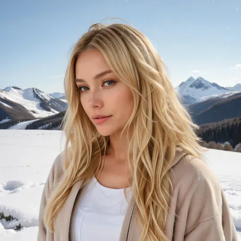   Italian woman with a teenager  , brown  blonde  ,   angelic and tender face    , cabelo liso Semi preso com ondas grossas  blonde  com raiz clara ,  is standing on a snowy mountain peak .  She is wearing a fur-lined winter coat,  behind her back, her hai...