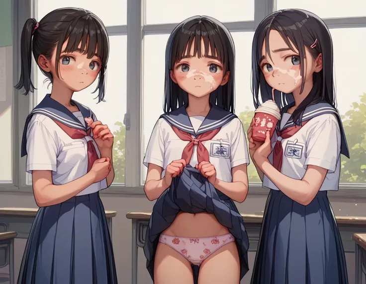  3 girls 、  girl tasting、Breast C cup、Pose undressing、Japanese school sailor suit skirt 、 black hair、 print panties 、looking viewer,lift skirt、classroom、 standing、Sexually provocative facial expressions、Im showing off my panties 、