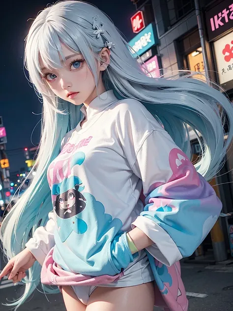 2 s,   neon white hair  ,   moonlight eyes  ,     ((  anime style  )),   hip-hop clothes inspired by Harajuku, soft colors,   background with neon ink splashes  , Soft stroke  , Night scene in Tokyo , 4K, holographic clothes ,   high resolution, 