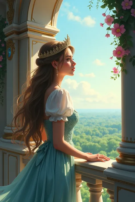  Draw the scene of a princess with long hair leaning on the balcony of her castle, one hand holding the surface and with the other supporting her head 