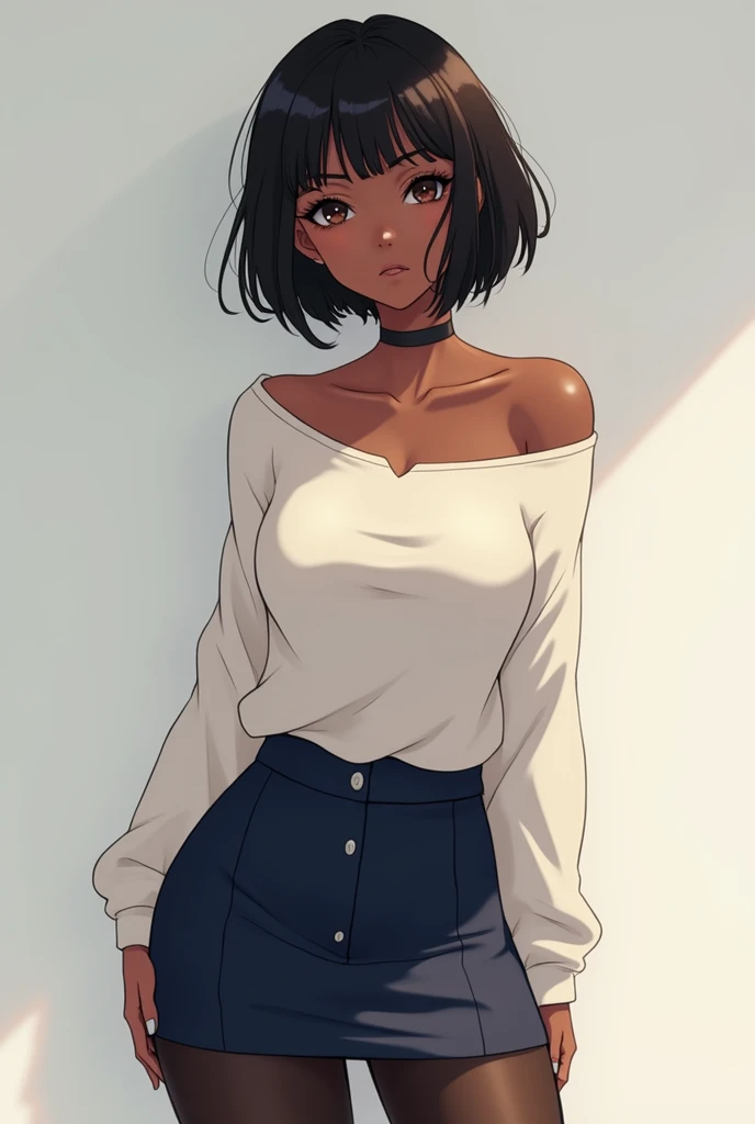 Black anime girl ,  with big boobs with short black hair , Brown eyes,  wearing a loose white sweater inside a short dark blue skirt and black tights that cover all her legs 