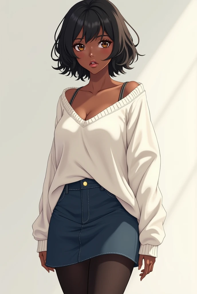 Black anime girl ,  with big boobs with short black hair , Brown eyes,  wearing a loose white sweater inside a short dark blue skirt and black tights that cover all her legs 