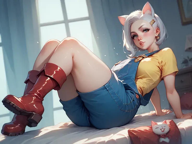 1 girl, pale skin, White cat ears, ((by/Cut Shixie /white color)), un moño rojo en el by, ojos amarillos,  yellow t-shirt , Blue overalls, pecho mediano, high hips , Red boots. 