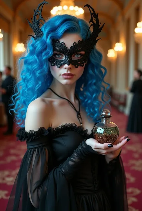 Victorian woman with blue curly hair a ballroom mask and a black dress holding a potion