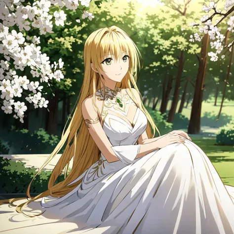 elegant style, soft realism, best quality, beautiful blonde-haired woman in white goddess dress, sitting gracefully, elegant jewelry, peaceful and refined atmosphere, soft shadows, elegant shoes, she sits on a chair at a table and drinking tea against the ...