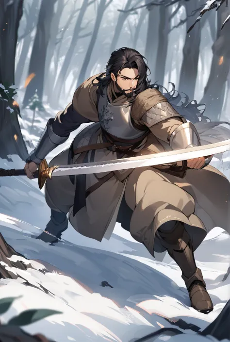 (arte digital) ( masterpiece) ( better quality) ( perfect anatomy ), Young male,  wearing medieval style winter clothing,  black hair, brown eyes,  shoulder-length hair , male,  a boy, with beard, medieval warrior , holding a long sword,  full body , in ac...